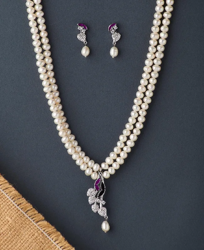 Fine drop necklaces-Pretty Stone Studded Pearl Necklace Set