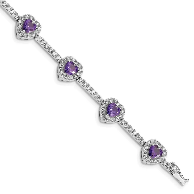 Dove feather bangles-925 Sterling Silver Rhodium-plated Amethyst and Clear Cubic Zirconia Heart Bracelet, 7"