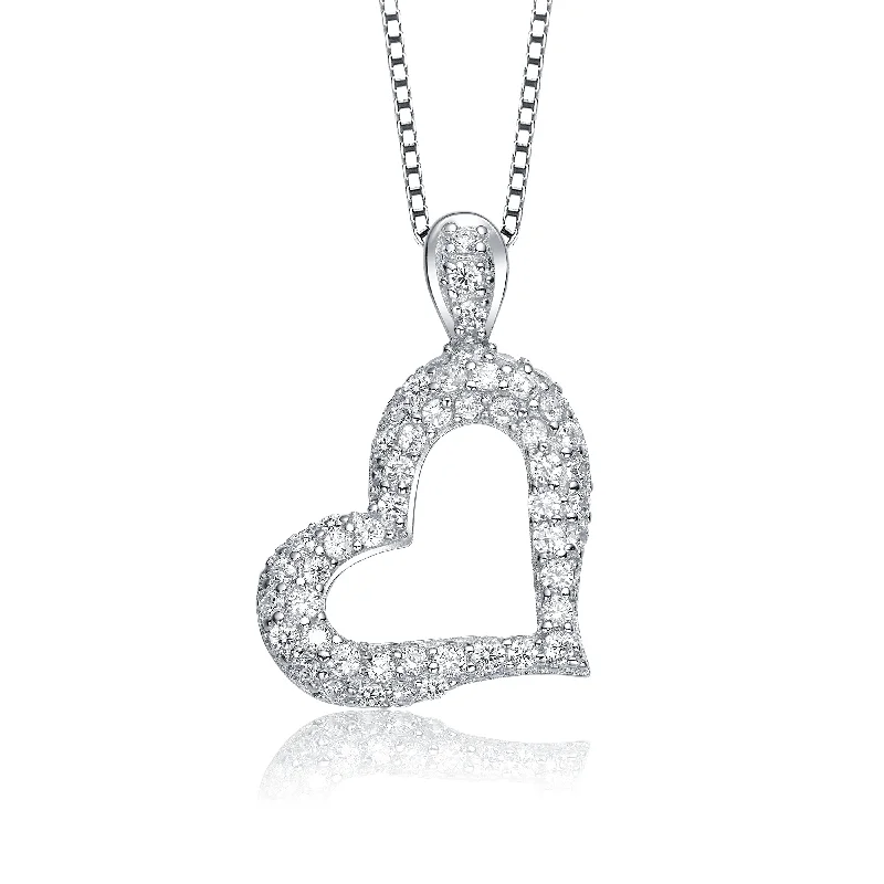 Thick bib necklaces-Sterling Silver White Gold Plating with Clear Cubic Zirconia Paved on Heart Framed Pendant Necklace