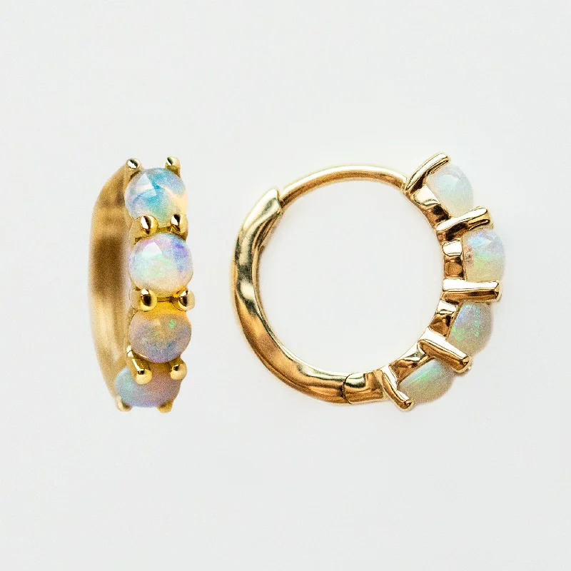 Mystic eye earrings-Solid Gold Australian Opal Huggie Hoops