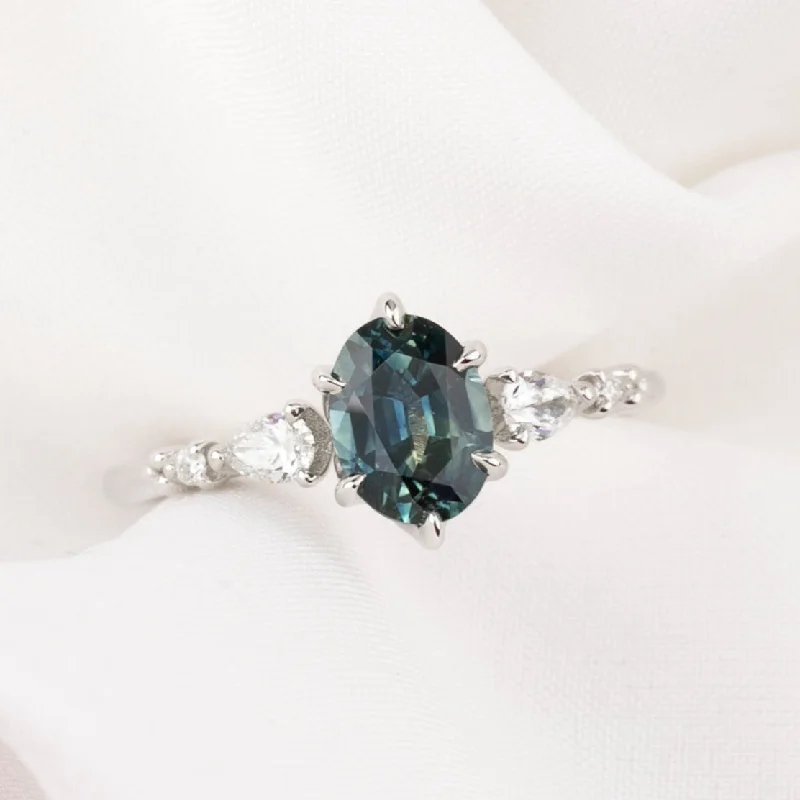 Baroque pearl engagement rings-Estel Fleur Petal Ring 1.26ct Teal Blue Montana Sapphire, 14k White Gold (One of a kind)