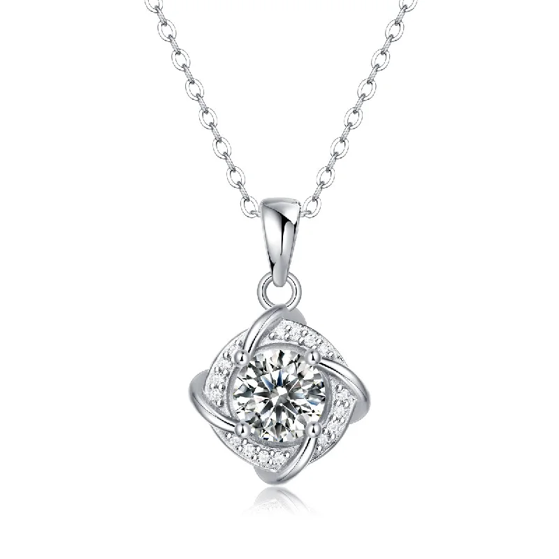 Retro deco necklaces-Sterling Silver 1ct Lab-Grown Moissanite Solitaire Pave Anniversary Love Knot Necklace