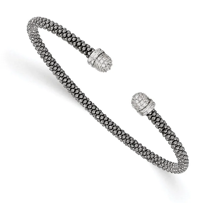 Bead row bangles-925 Sterling Silver Ruthenium-plated Cubic Zirconia Cuff Bangle Bracelet, 6.25"