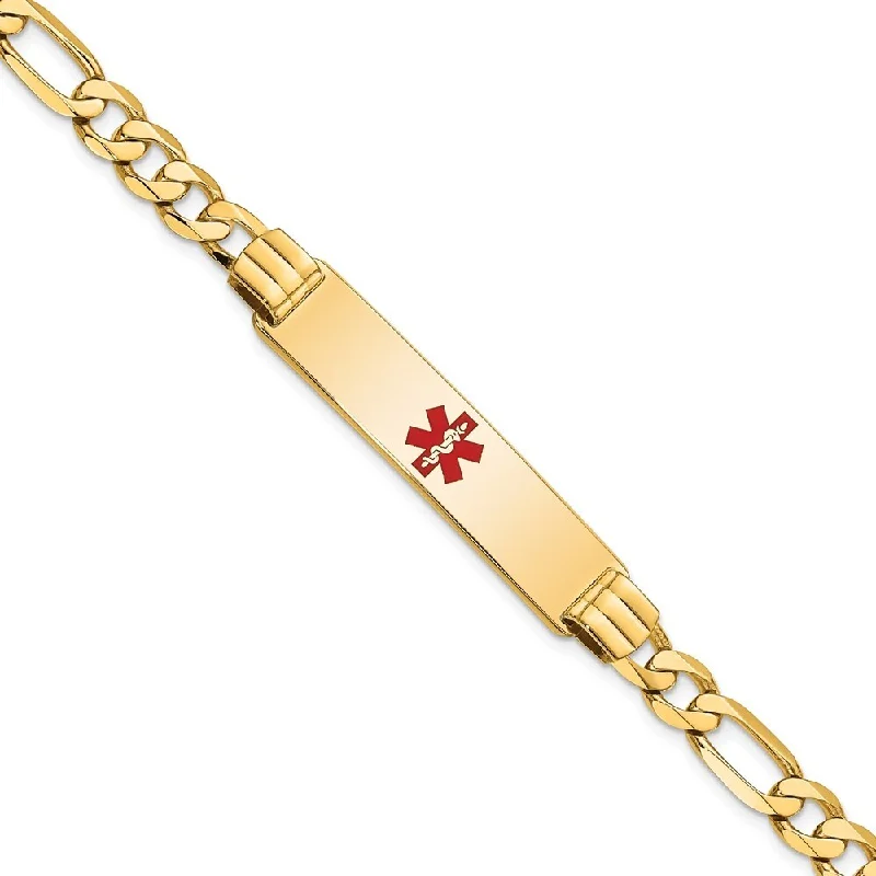 Tide shape bangles-14k Yellow Gold 10.5mm Medical Red Enamel Flat Figaro Link ID Bracelet, 7"