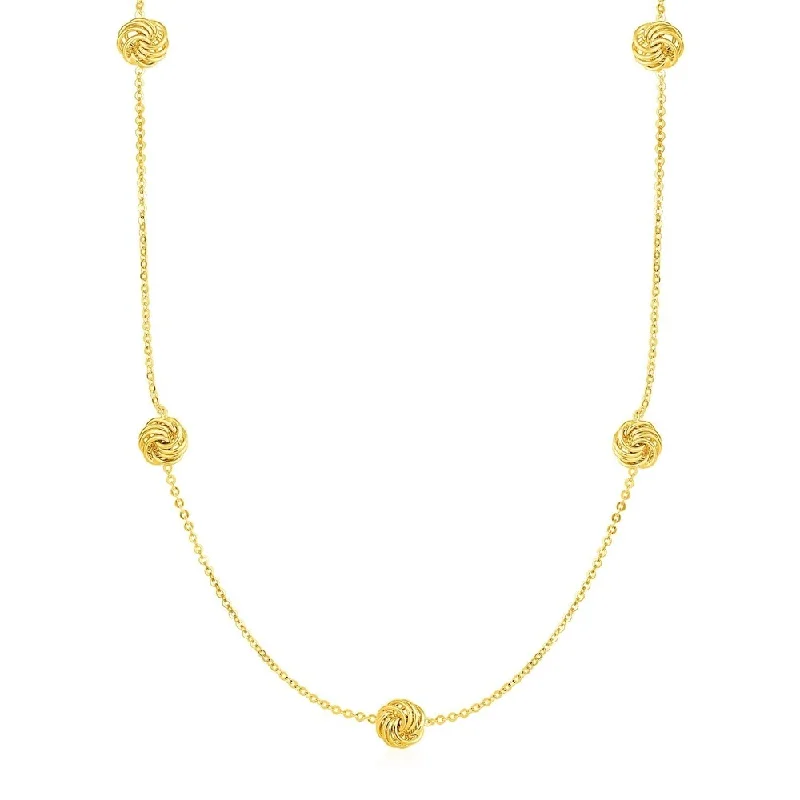 Fine bead necklaces-Station Necklace with Polished Love Knots in 14k Yellow Gold