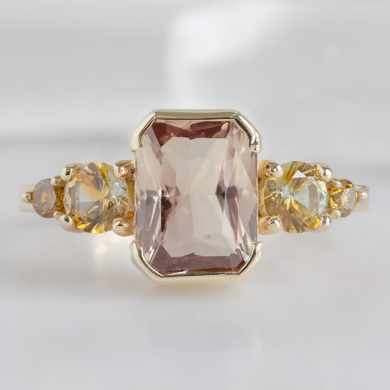 Vintage ruby engagement rings-The Watercolor Ring | 2.04ct Emerald Cut Peach Sapphire in 14K Yellow Gold