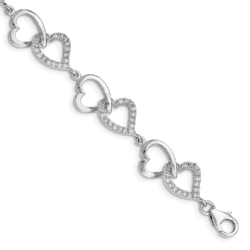 Tri-tone bangles-925 Sterling Silver Rhodium-plated Cubic Zirconia Heart Bracelet, 7.75"