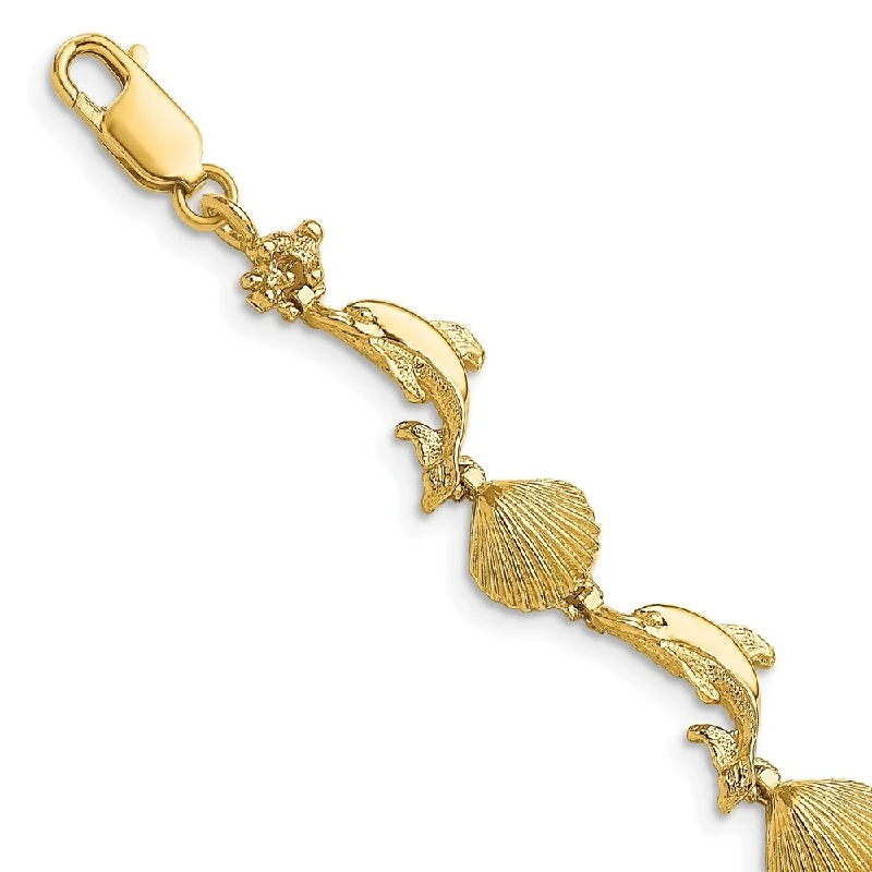 Polished bead bangles-14k Yellow Gold 8.17mm Dolphin and Shell Bracelet, 7.25"