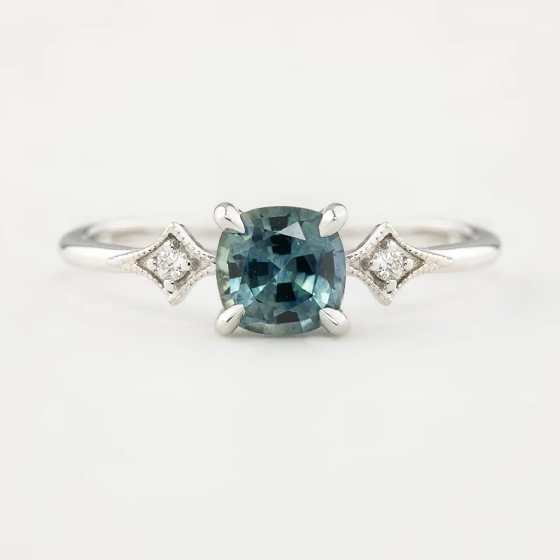 Square gem engagement rings-Charlene Ring 0.98ct Teal Blue Cushion Cut Montana Sapphire, 14k White Gold (One of a kind)