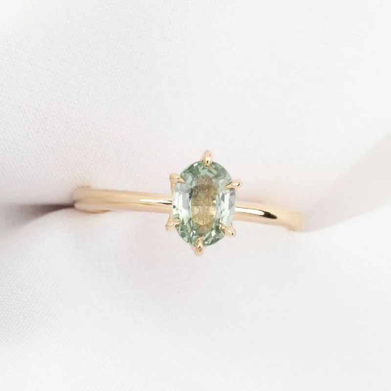 Bamboo design engagement rings-Floryn Ring 1.19ct Green Unheated Oval Sapphire, 14K Yellow Gold (One of a kind)