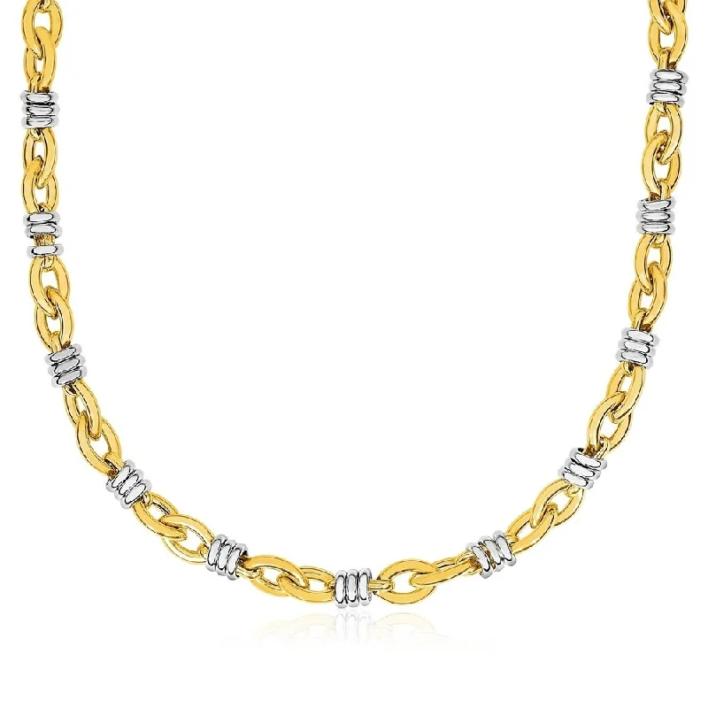 Wide link necklaces-14k Two-Tone Yellow and White Gold Ringed Marquise Motif Necklace