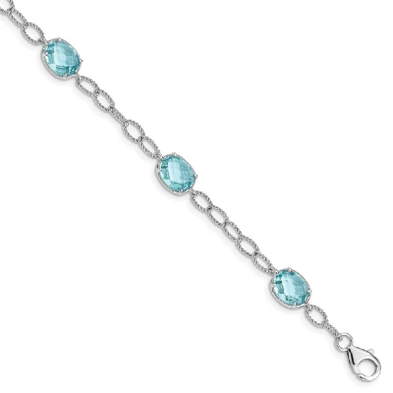 Oval shape bangles-925 Sterling Silver Rhodium-plated Aqua Blue Cubic Zirconia Textured Link Bracelet, 7.5"