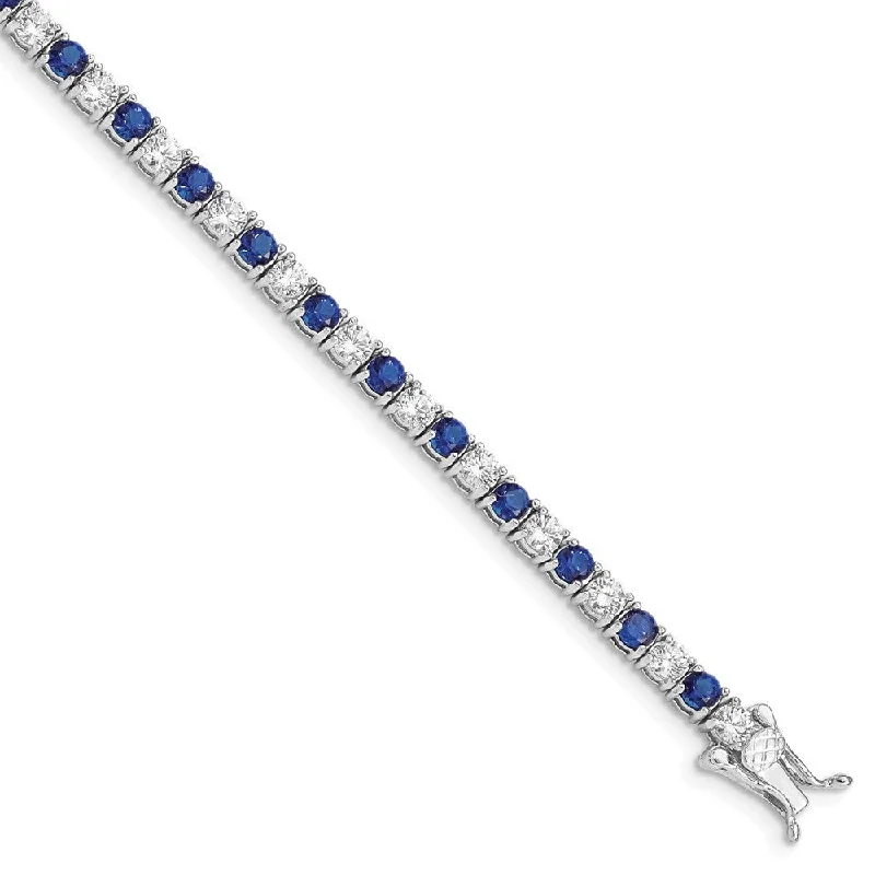 Wide geometric bangles-925 Sterling Silver Rhodium-plated Blue Glass and Cubic Zirconia Bracelet, 7"