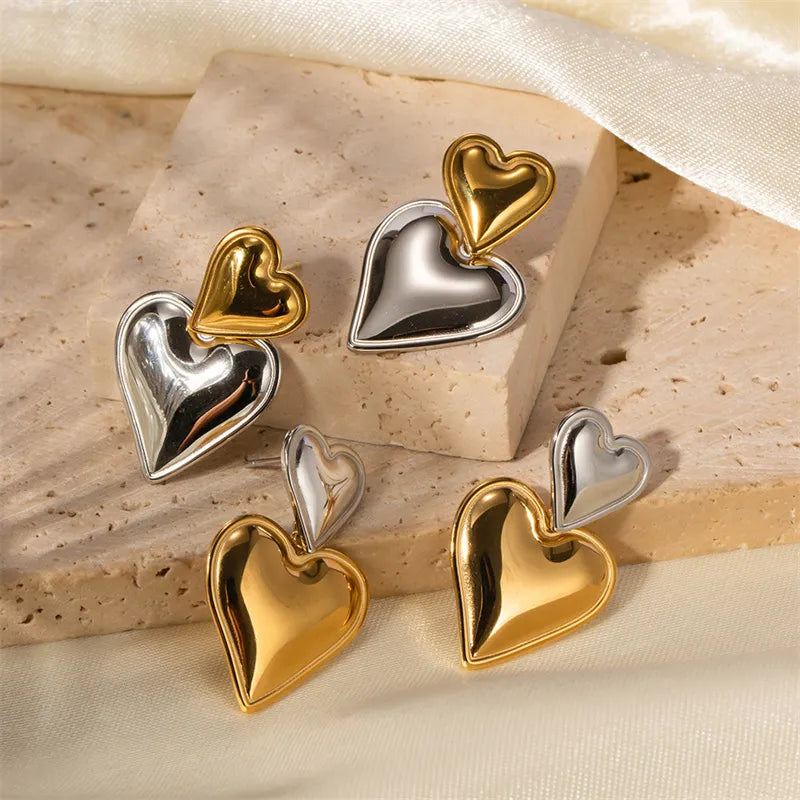 Baroque pearl earrings-Mixie® Two Tone Double Heart Earrings