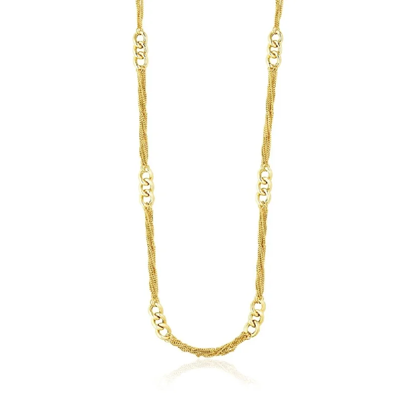 Shiny name necklaces-14k Yellow Gold Necklace with Cluster Curb Chains and Oversized Link Stations