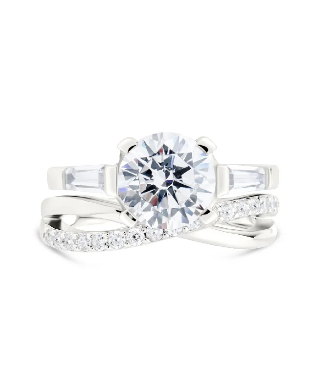 Wide band rings-Sterling Silver Round CZ Crisscross Solitaire Ring Set