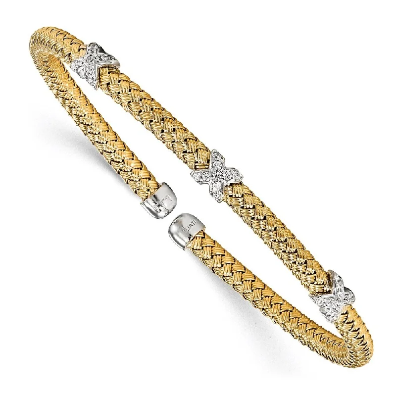 Oval gem bangles-925 Sterling Silver Gold-tone Cubic Zirconia Woven Cuff Bracelet, 6.75"