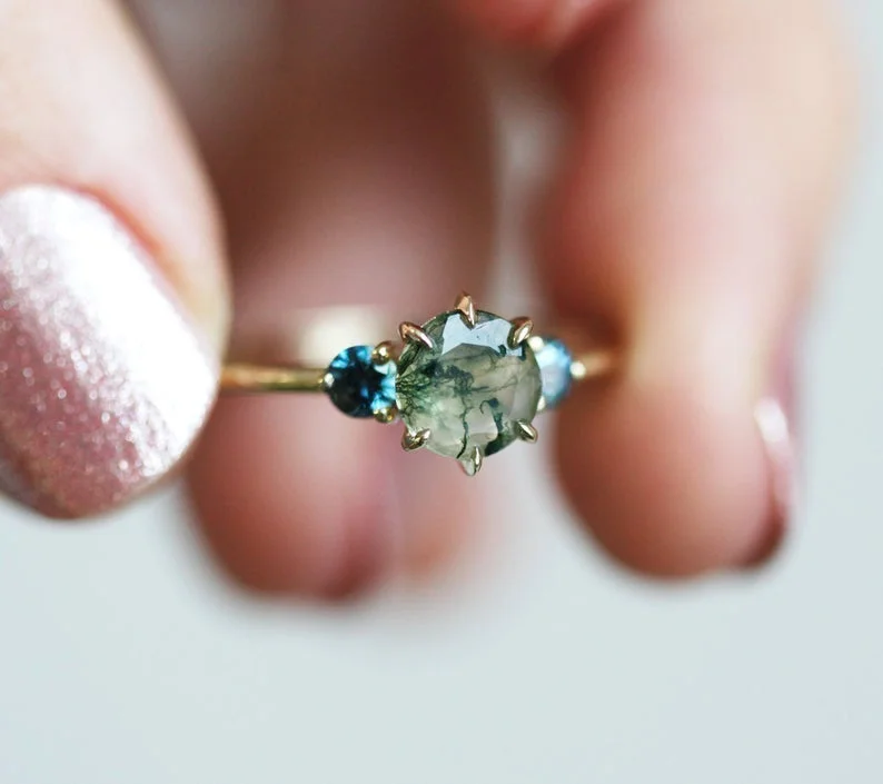 Round diamond engagement rings-Taia Moss Agate Ring with Teal Tourmalines