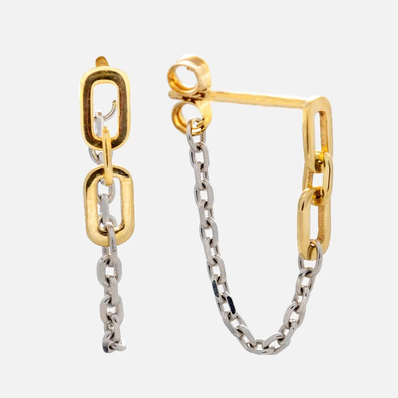 Layered tier earrings-Solid Gold Mixed Metal Chain Dangle Huggies