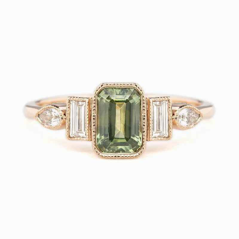 Double band engagement rings-Edith Ring 1.32ct Light Green Montana Sapphire, 14K Rose Gold (One of a kind)