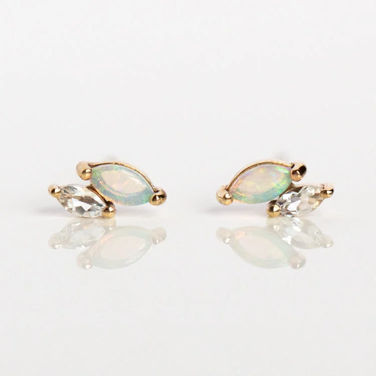 Morganite stud earrings-Solid Gold Opal and White Topaz Marquise Studs