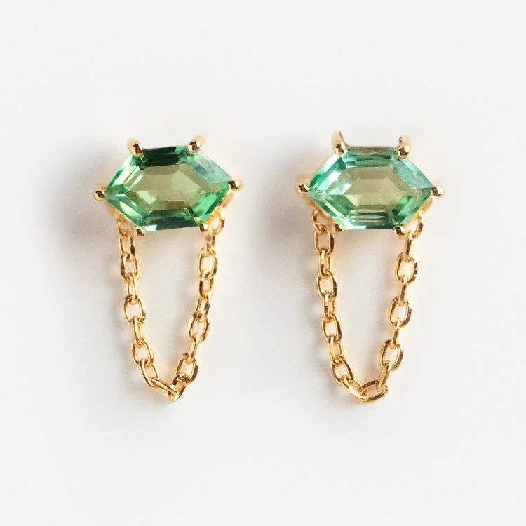 Trekker weave earrings-Fern Green Topaz Chain Stud Earrings