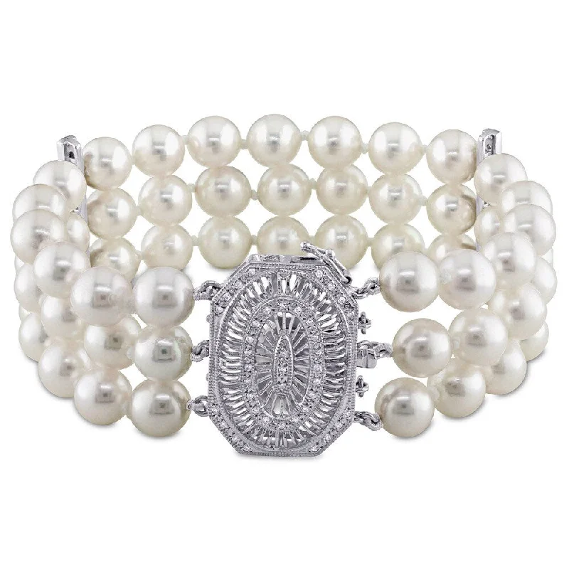 Spring clasp bangles-Miadora Signature Collection 14k White Gold and 1/3ct TDW Diamond Three Row Akoya Pearl Bracelet (G-H, SI1-SI2) (7-7.5mm)