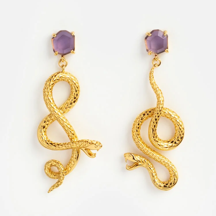 Topaz stone earrings-Awaken Amethyst Snake Earrings