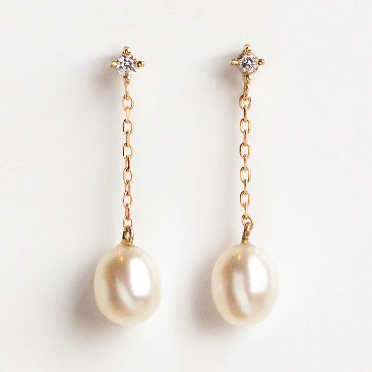 Surf motif earrings-Solid Gold Pearl and White Sapphire Drop Earrings