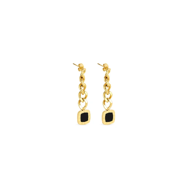 Solid ring earrings-Square Latin Onyx Dangle Earrings - Gold