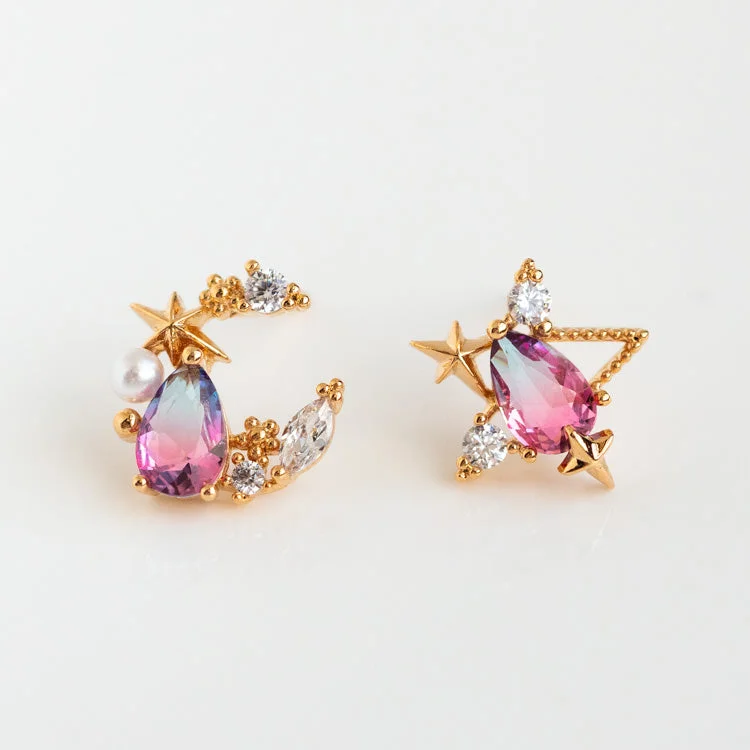 Alloy metal earrings-Aurora Moon & Star Studs