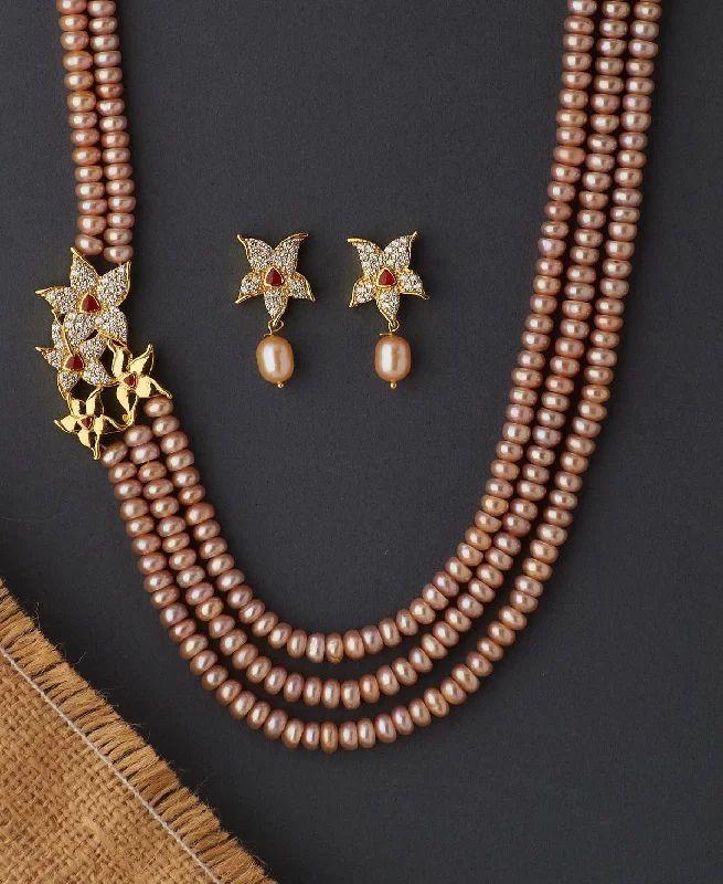 Onyx gem necklaces-Floral Real Pearl Necklace Set