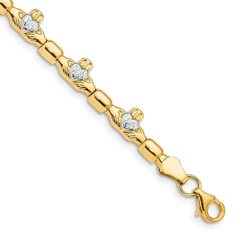 Coiled cord bangles-14k Yellow Gold w/Rhodium 6mm Diamond-Cut Claddagh Link Bracelet, 7.25"