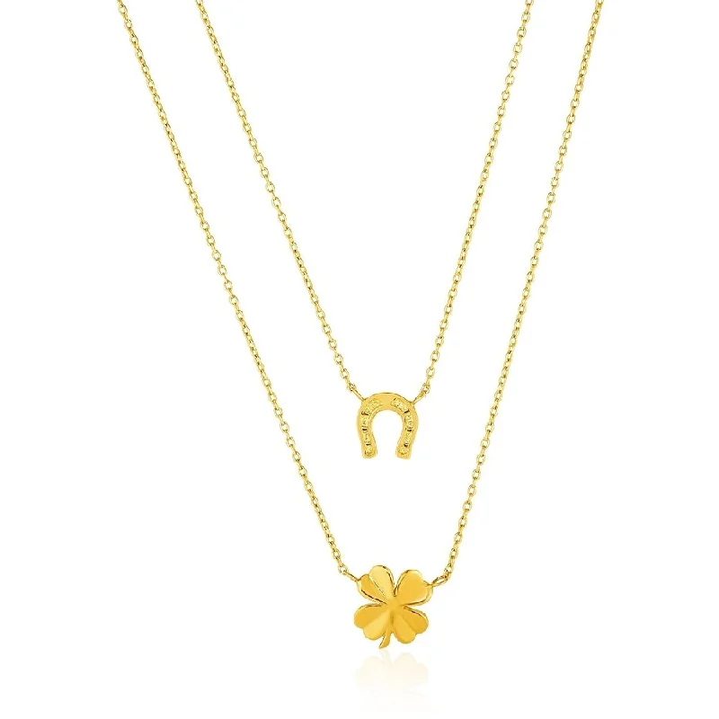 Elite diamond necklaces-14k Yellow Gold Double-Strand Chain Necklace with Four-Leaf Clover and Horseshoe