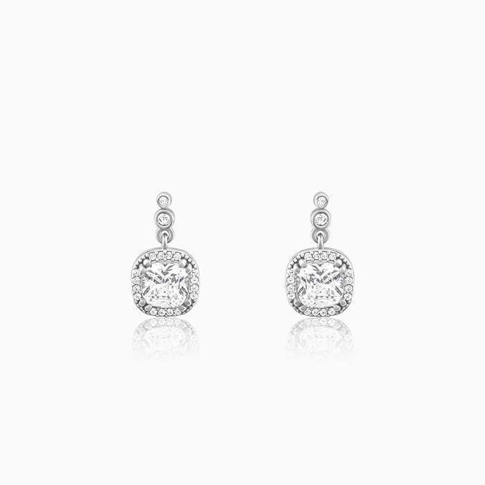 Tiny heart earrings-Silver Zircon Halo Earrings