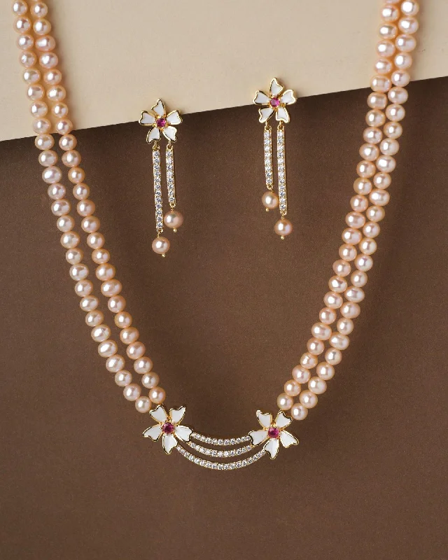 Topaz necklaces-Floral Pink Pearl Necklace Set