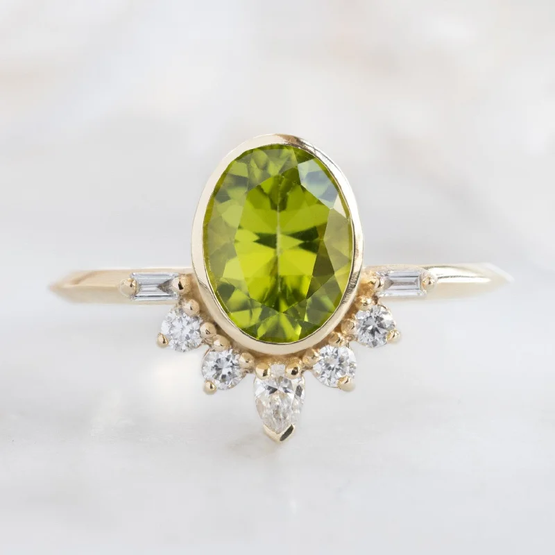 Etched name engagement rings-The Posy Ring | 1.36ct Oval Peridot in 14K Yellow Gold