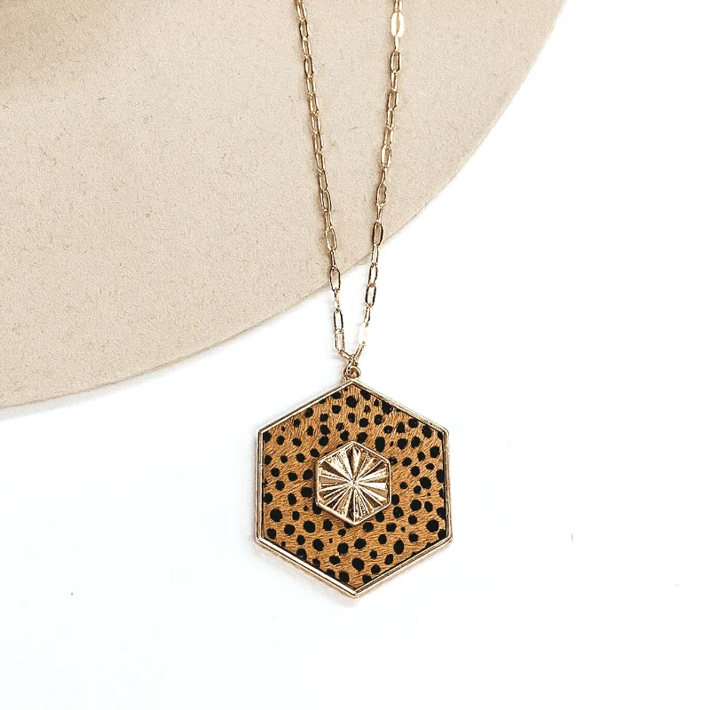 Glossy silver earrings-Long Gold Chain Necklace with a Hexagon Pendant in Tan Cheetah Print