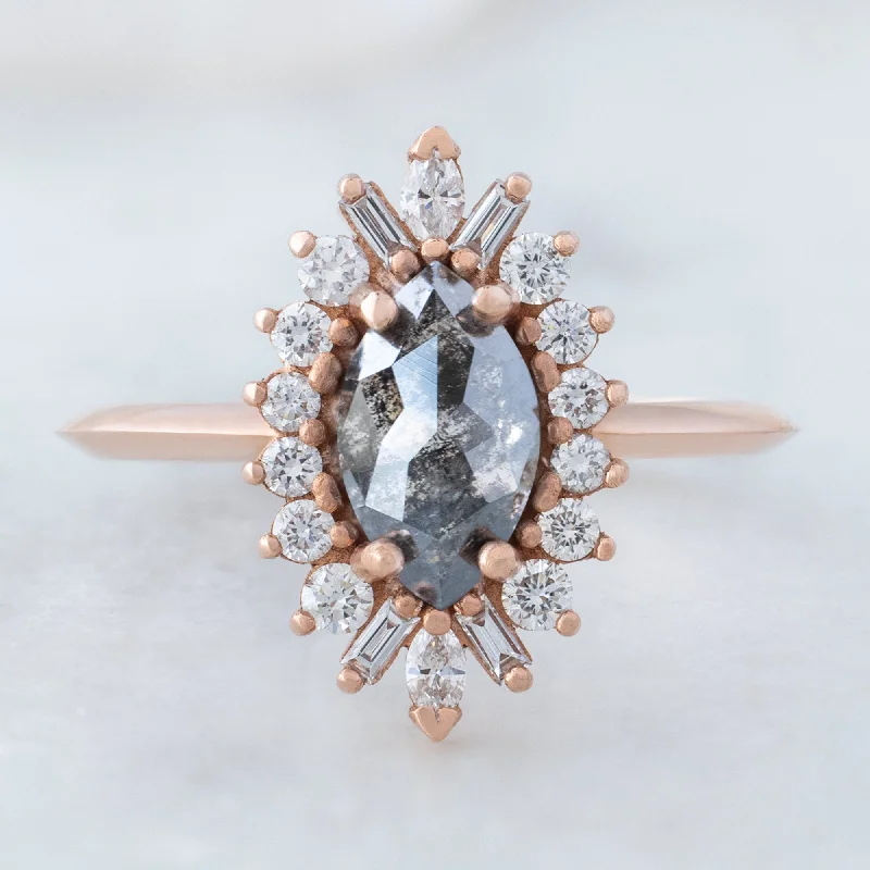 Halo sapphire engagement rings-The Camellia Ring | 0.94ct Marquise Cut Black Diamond in 14K Rose Gold