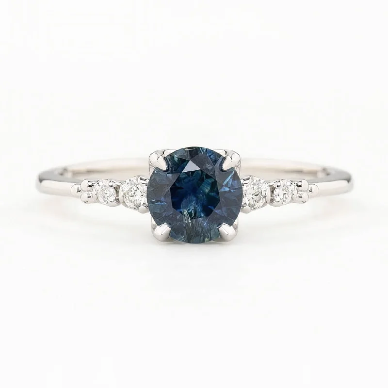 Geometric cut engagement rings-Estel Fleur Four Prongs Ring, 0.87ct Blue Montana Sapphire, 14k White Gold (One of a kind)