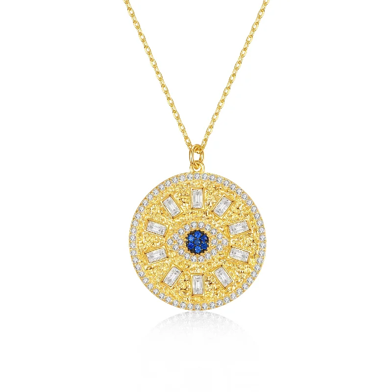 Sleek bar necklaces-14k Gold Plated with Blue Sapphire & Cubic Zirconia Mandala Medallion Pendant Necklace