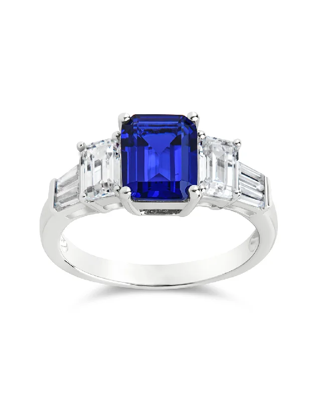 Flat band rings-Sterling Silver Emerald Cut Blue Sapphire CZ 3-Stone Ring