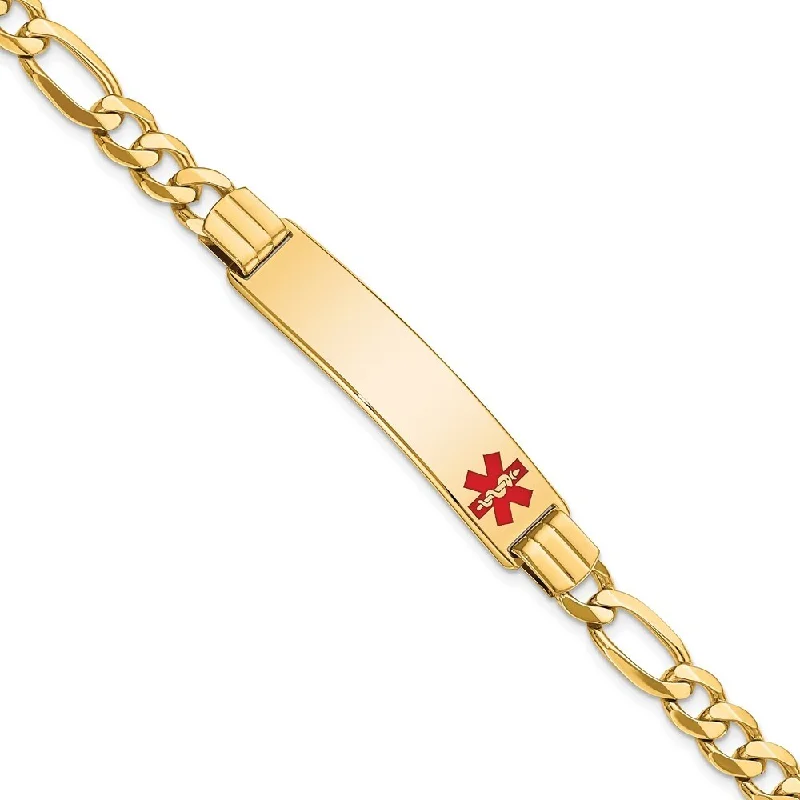 Surf theme bangles-14k Yellow Gold 10.5mm Medical Red Enamel Flat Figaro Link ID Bracelet, 7"