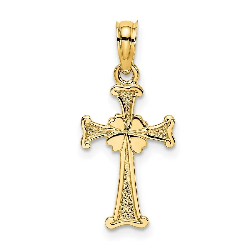 Smooth pendant necklaces-Curata 14k Yellow Gold SmallTextured Cross With Polished 4 leaf Clover Necklace 9x15.6mm