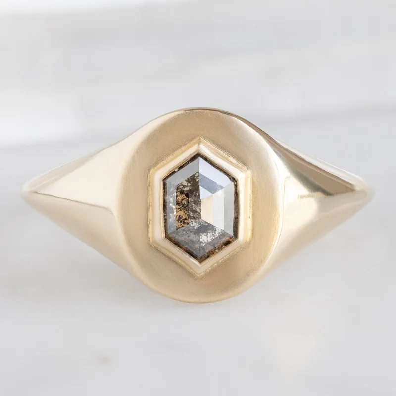 Beaded edge engagement rings-The Signet Ring | 0.38ct Hexagon Salt and Pepper Diamond in 10K Yellow Gold