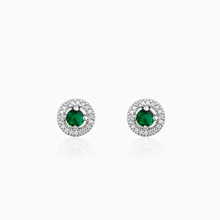 Topaz stud earrings-Silver Forest Green Shining Halo Studs