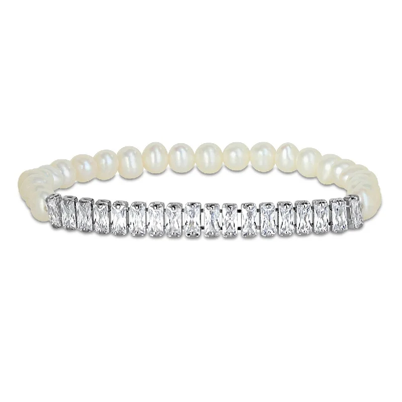 Subtle accent bangles-Miadora 5.5-6mm Cultured Freshwater Pearl 3 5/8ct TGW CZ Bracelet Sterling Silver