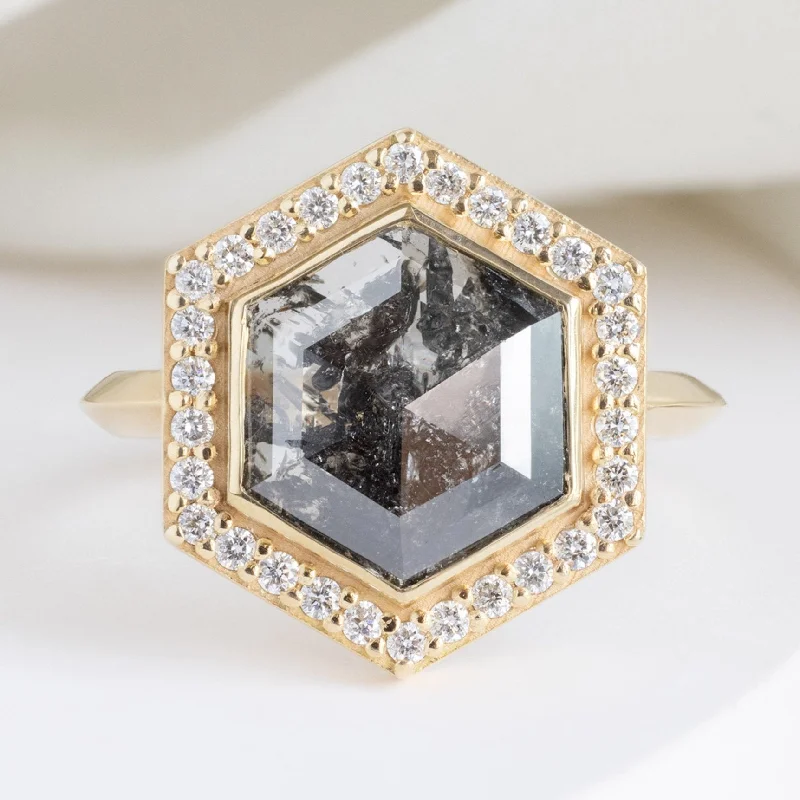 Hope charm engagement rings-The Dahlia Luxe | 2.68ct Salt and Pepper Hexagon Diamond in 18K Yellow Gold