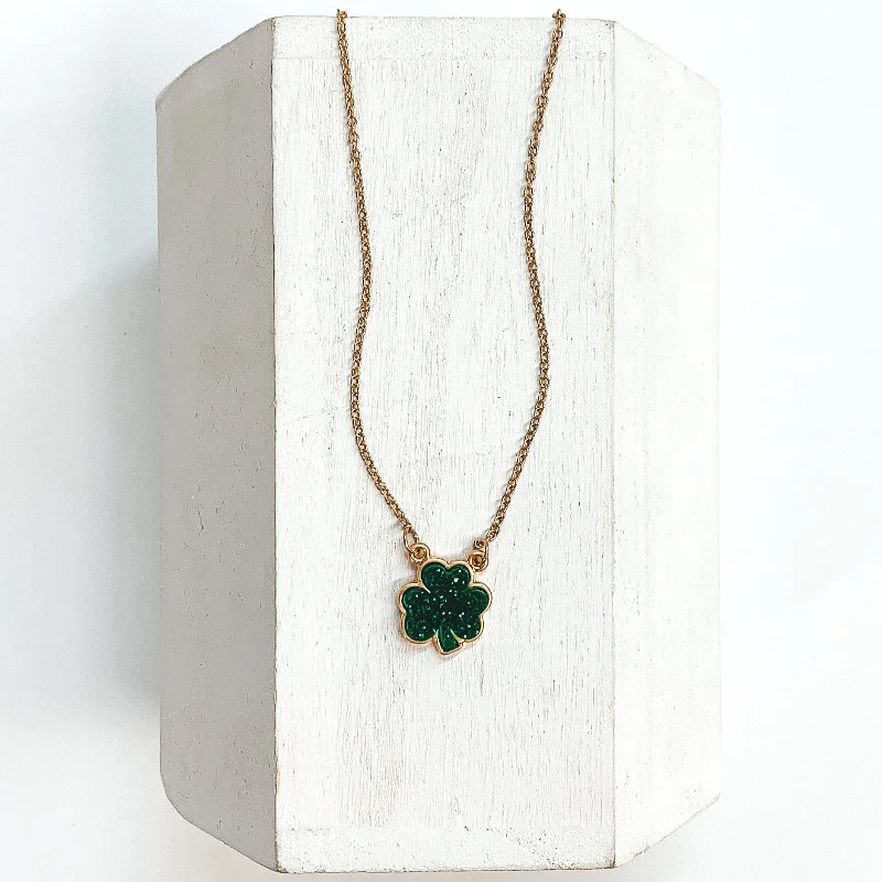 Thin hoop earrings-Druzy Four Leaf Gold Necklace in Green