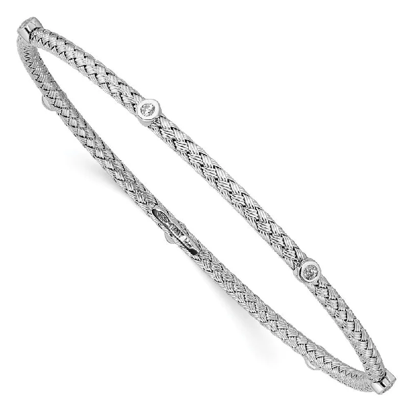 Woven cord bangles-925 Sterling Silver Cubic Zirconia Textured Bangle Bracelet, 8"